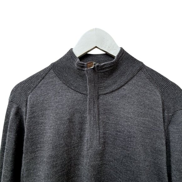 BEAU BRUMMEL Mens Wool Sweater S/m Italian Merino Gray 1/4 Zip Brown Suede - Picture 2 of 11